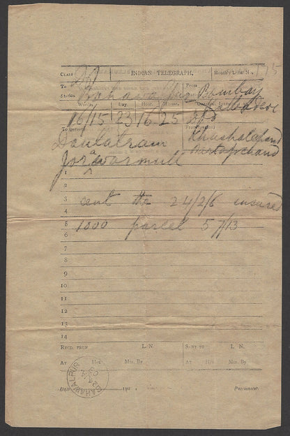 India 1902 telegram cancelled sc BAHAWALPUR + envelope