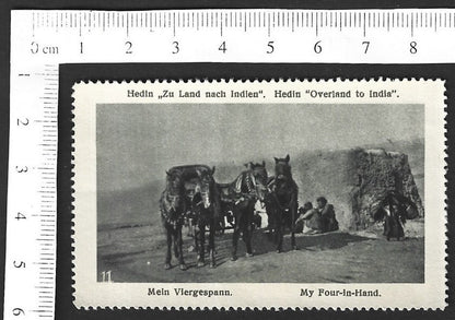 Vintage OVERLAND TO INDIA poster stamp - MY FOUR IN HAND 4 horse carriage zaz