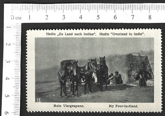 Vintage OVERLAND TO INDIA poster stamp - MY FOUR IN HAND 4 horse carriage zaz