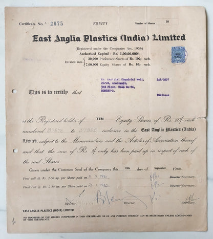 India 1960 East Anglia Plastics Limited share certificate