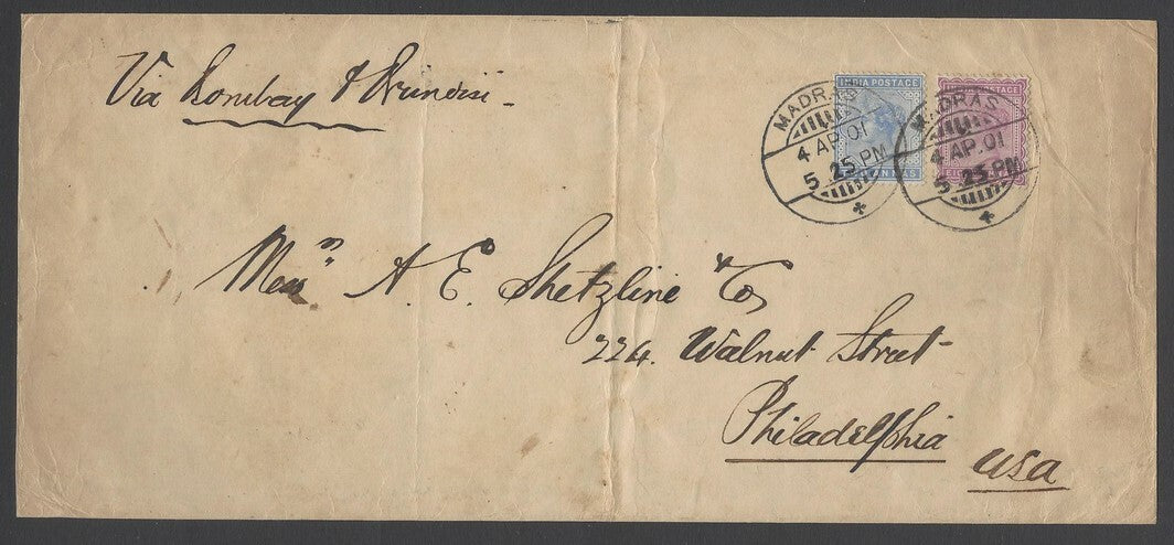 AOPIMT India 1901 cover to USA with QV 1892 2a & 8a (10a rate)