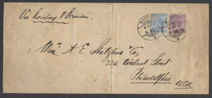 AOPIMT India 1901 cover to USA with QV 1892 2a & 8a (10a rate)