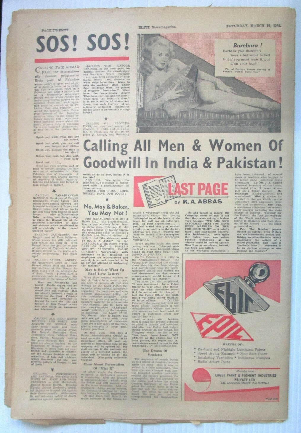 India Blitz 28 March 1964 issue TRAIL OF DEATH BY PAK-RSS AGENTS see condition