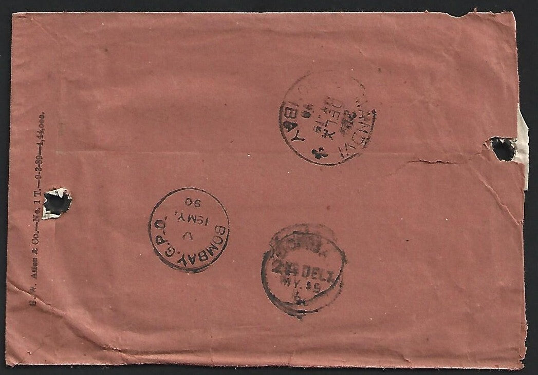 India 1890 OHMS telegram Madras to Bombay & red envelope with postmarks