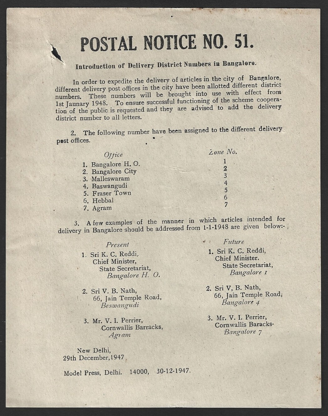 India POSTAL NOTICE #51 29 Dec 1947 Delivery District Nos. Bangalore + CIRCULAR