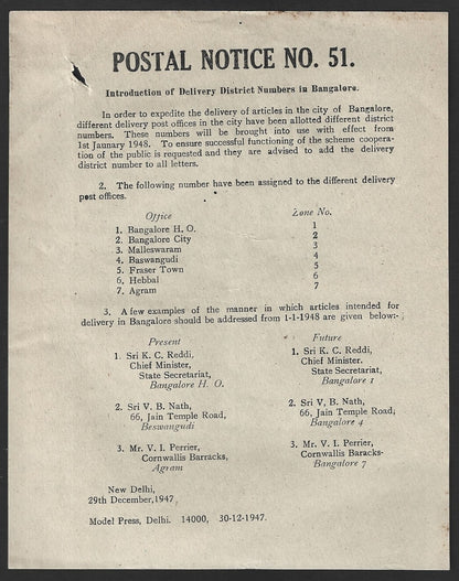 India POSTAL NOTICE #51 29 Dec 1947 Delivery District Nos. Bangalore + CIRCULAR