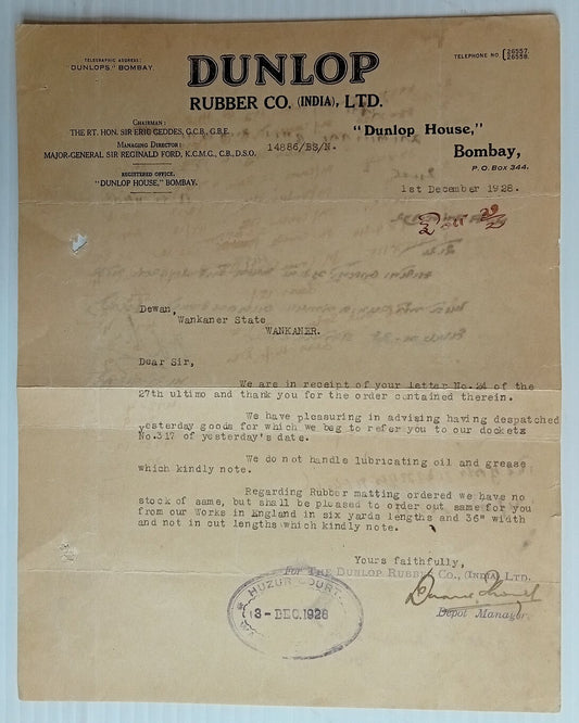 AOP India 1928 letterhead DUNLOP RUBBER AND CO. (INDIA), LTD Bombay 