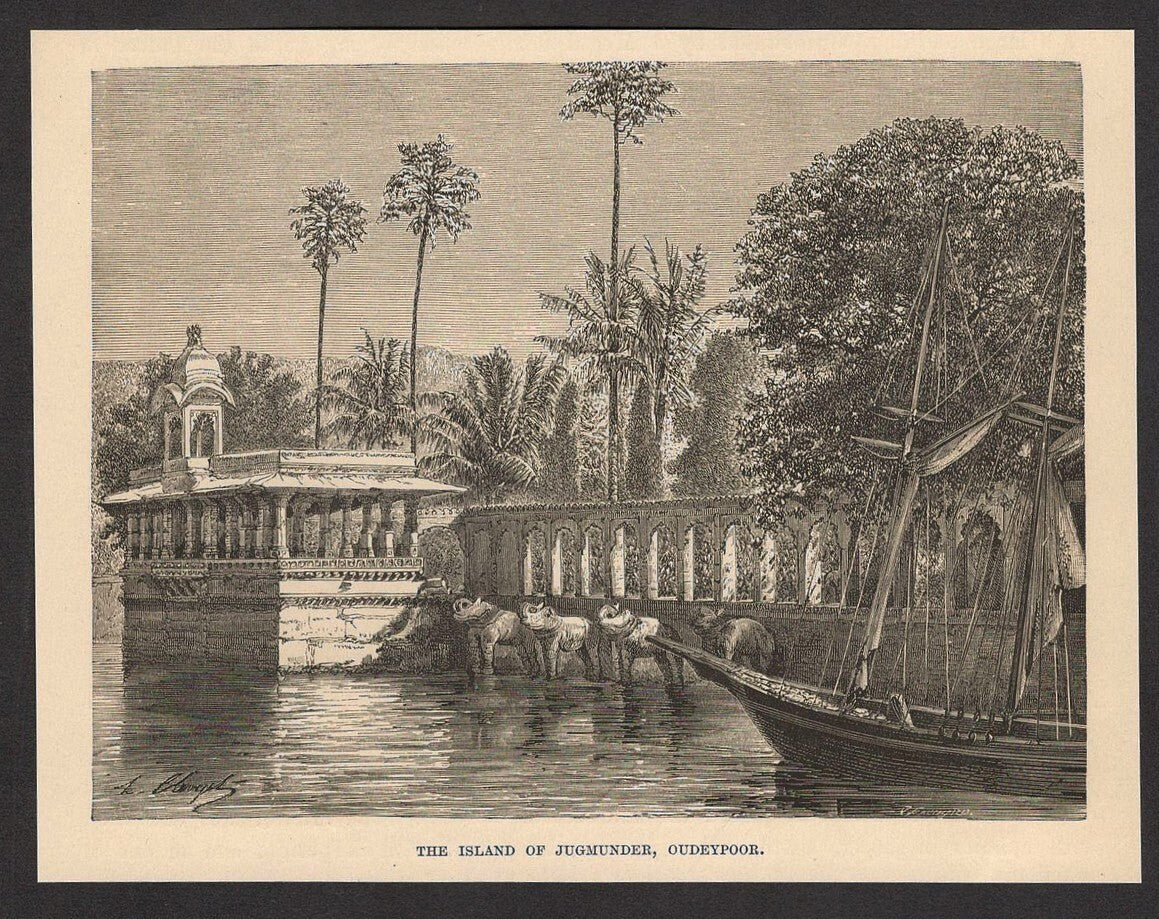 India THE ISLAND OF JUGMUNDER, OUDEYPOOR engraved print ex Rousslet 1876 7"x5.5"