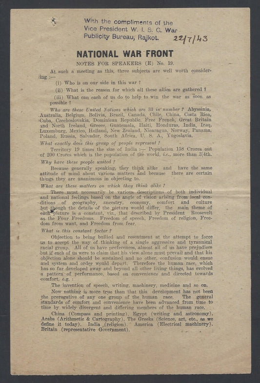 AOP India WW2 propaganda Notes for Speakers (E) # 19 leaflet