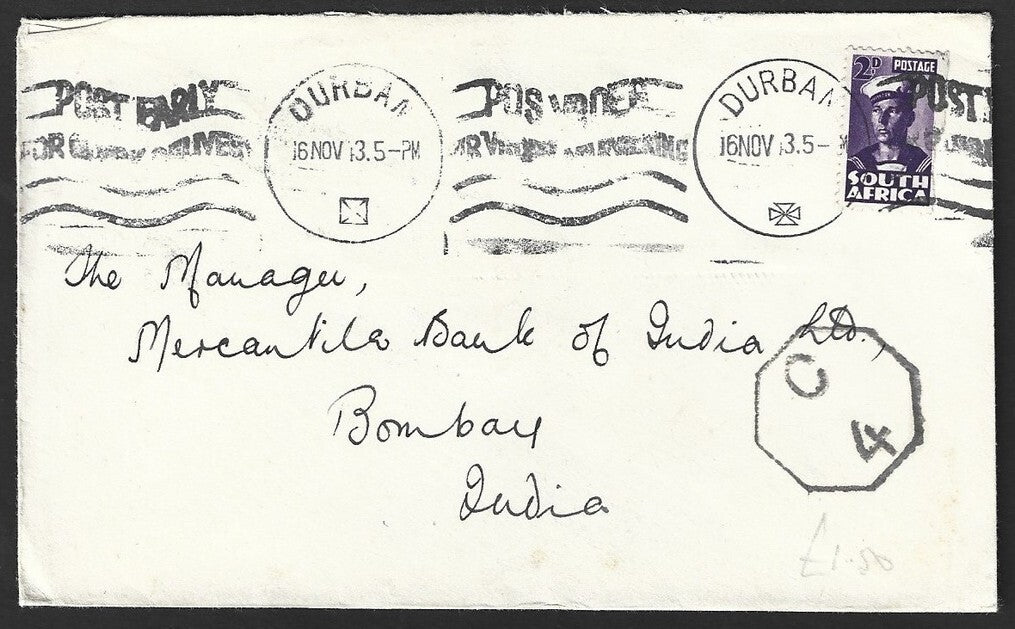 South Africa WW2 World War 2 1943 censored cover to Bombay, India