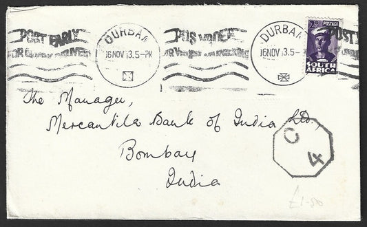 South Africa WW2 World War 2 1943 censored cover to Bombay, India