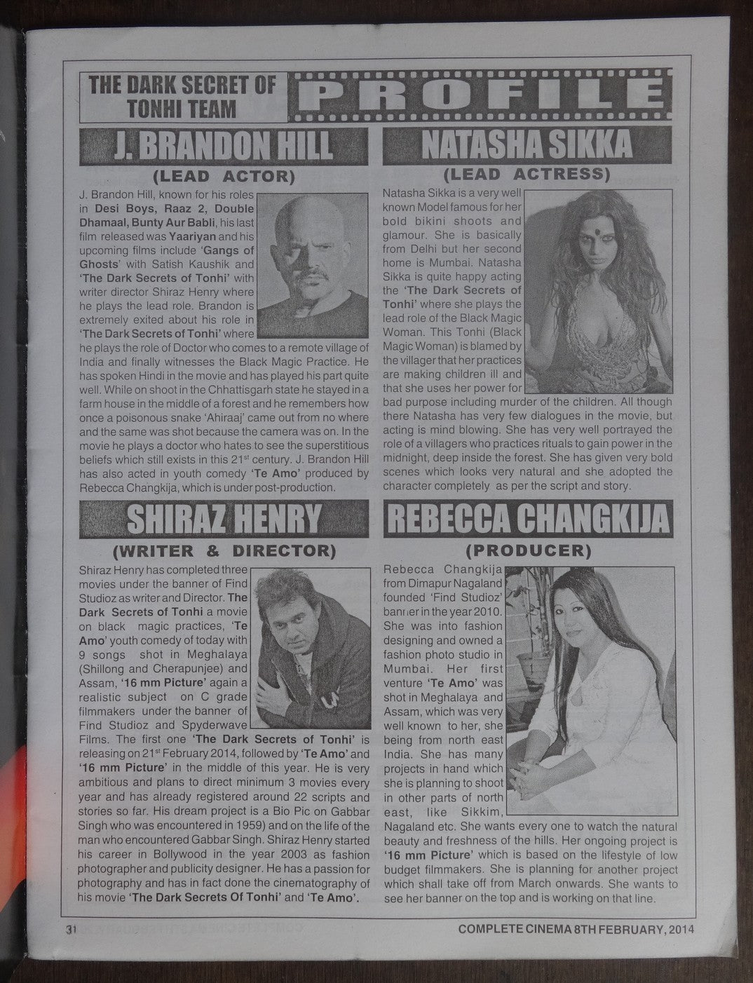 Bollywood Trade magazine COMPLETE CINEMA 8 Feb 2014 issue TONHI Horror cover