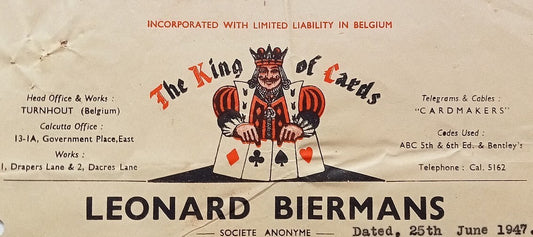 AOP India THE KING OF CARDS 1947 pictorial billhead