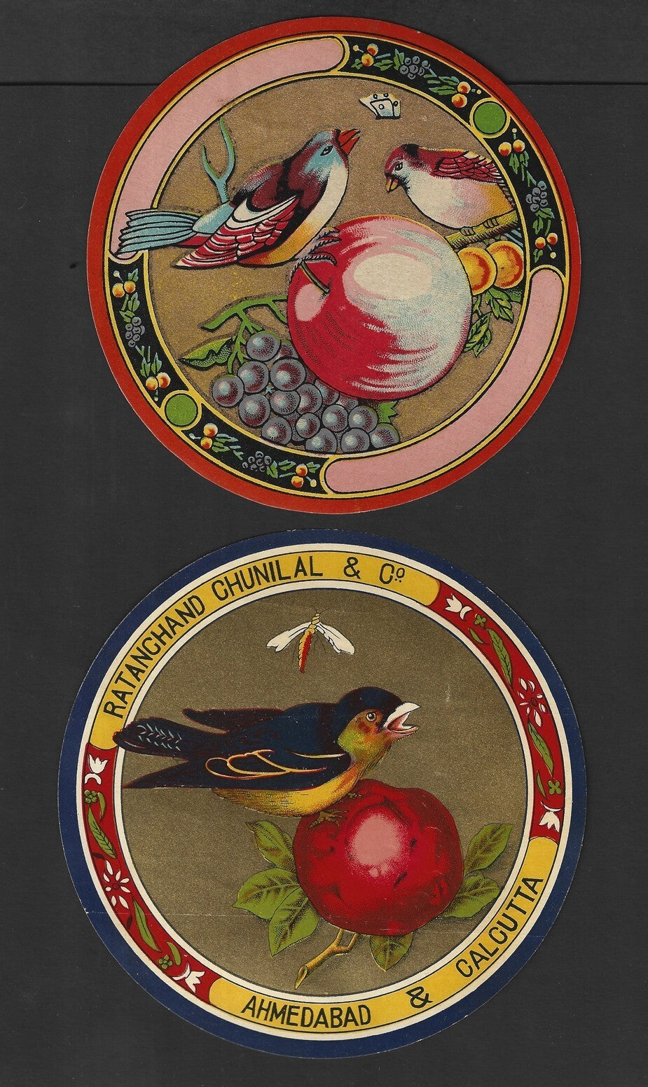India vintage textile litho label Ratanchand Chunilal- BIRD & FRUIT