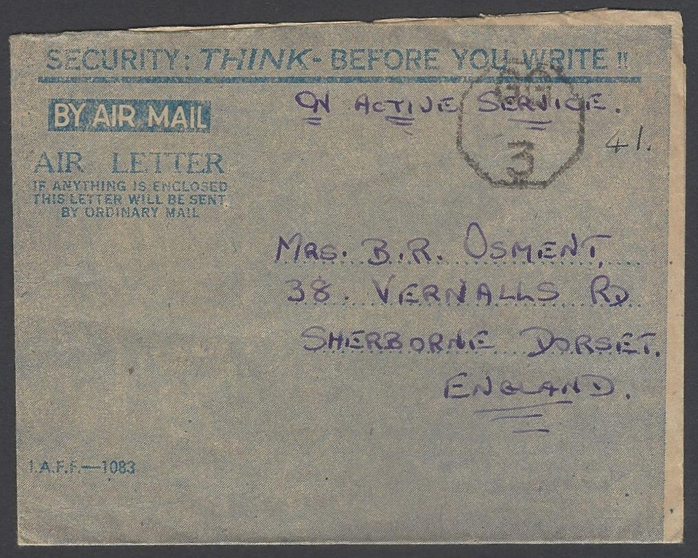 AOP India WW2 IAFF H.M. FORCES air letter with GG/3 censor to UK 1945