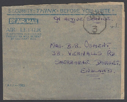AOP India WW2 IAFF H.M. FORCES air letter with GG/3 censor to UK 1945