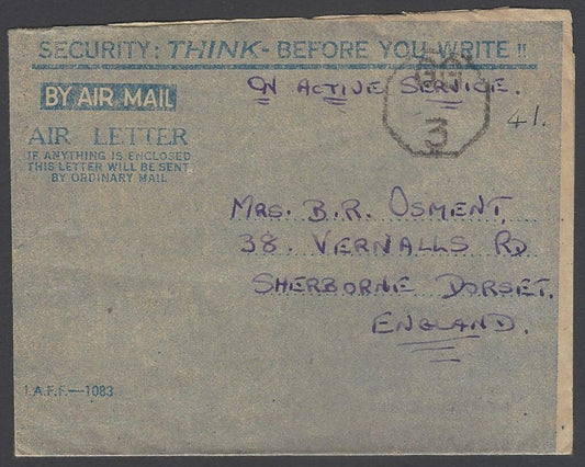 AOP India WW2 IAFF H.M. FORCES air letter with GG/3 censor to UK 1945