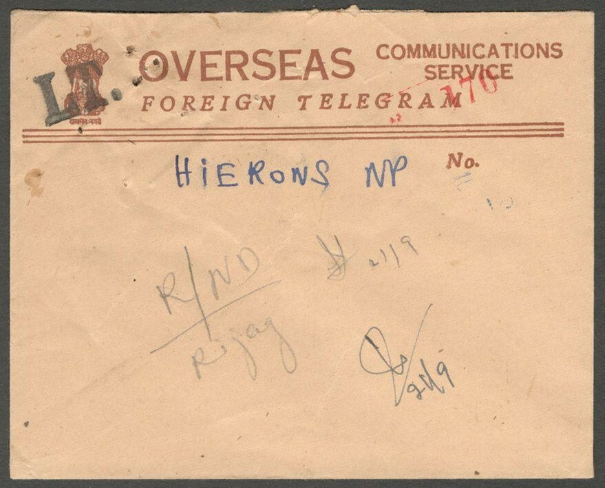AOP India Overseas Communications Service FOREIGN TELEGRAM envelope used LT hs