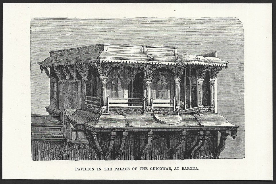 India GUICOWAR PALACE BARODA engraved print ex libris Rousslet 1876 6"x4"