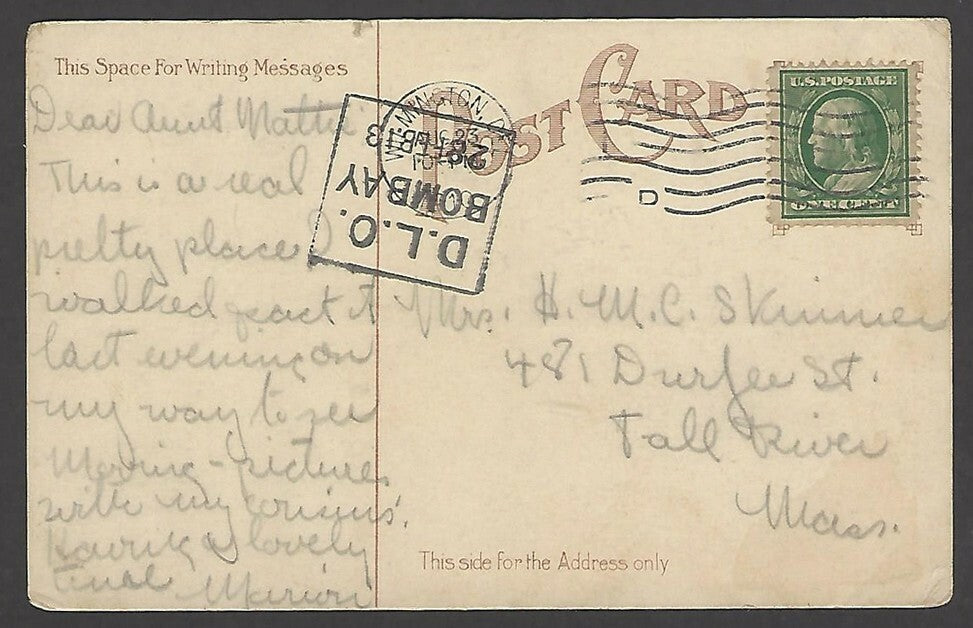 India 1913 BOMBAY DLO on USA internal missent postcard