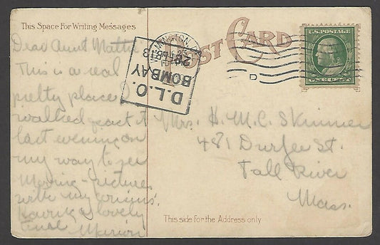 India 1913 BOMBAY DLO on USA internal missent postcard