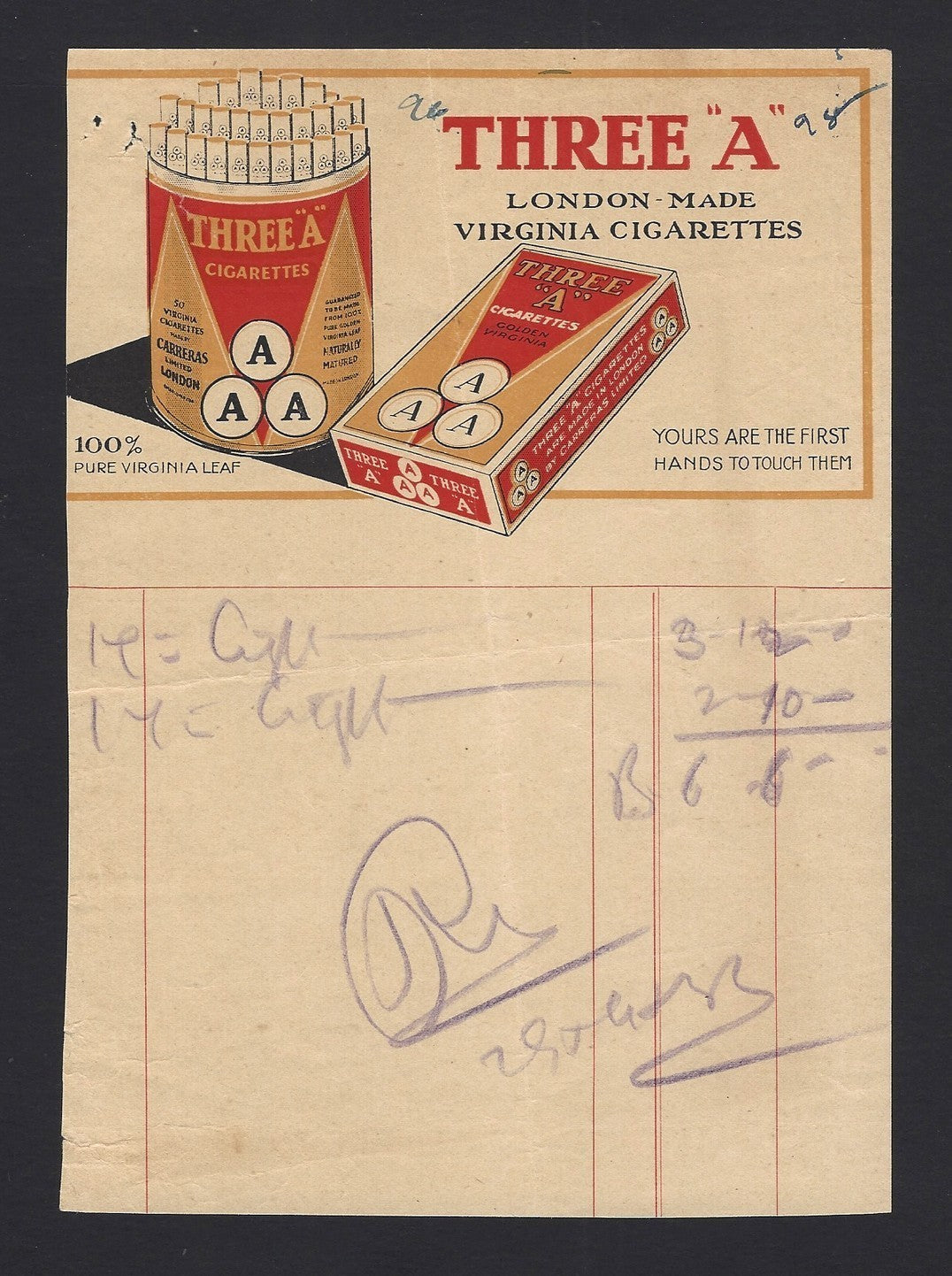 India 1933 THREE A London Made Virginia cigarettes pictoral billhead