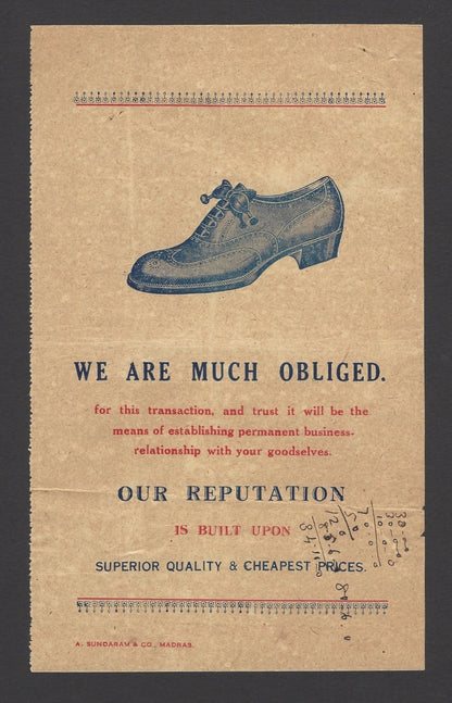 India 1930 illustrated invoice SHOES – PUNT & CO