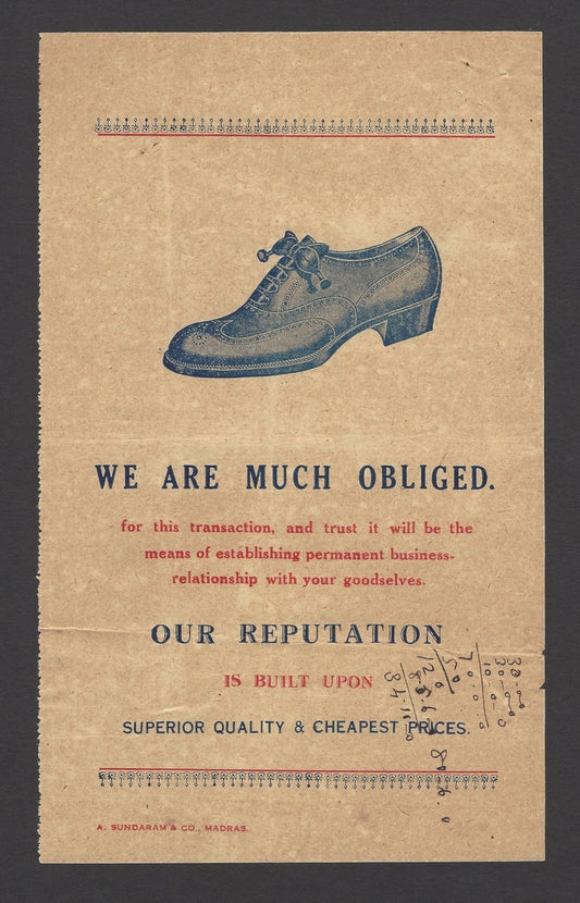 India 1930 illustrated invoice SHOES – PUNT & CO