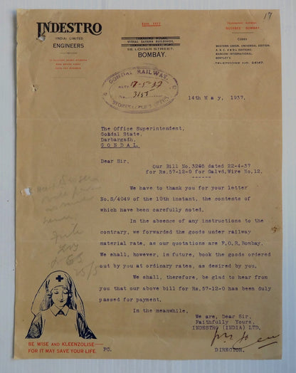 India 1937 illustrated letterhead INDESTRO ENGINEERS Bombay
