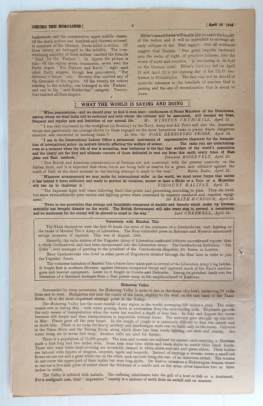 India 1944 WW2 Propaganda rag BEHIND THE HEADLINES MORE BLOWS AGAINST JAPAN 8pgs