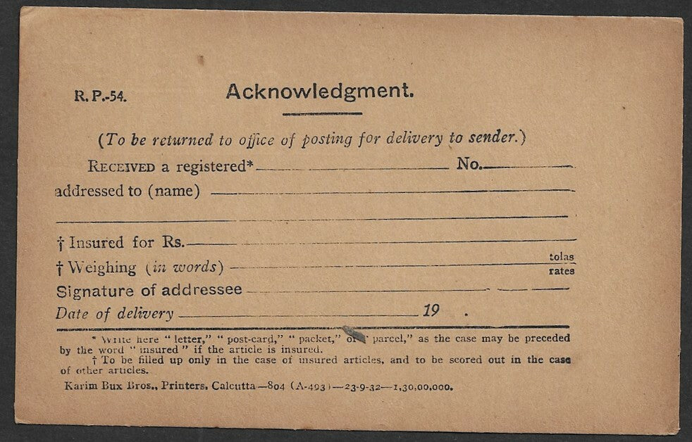 India 1932 A.R. card unused
