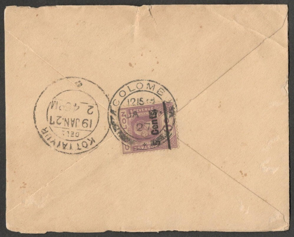 (AOP) Ceylon KGV 5c on 6c on 1927 cover to India