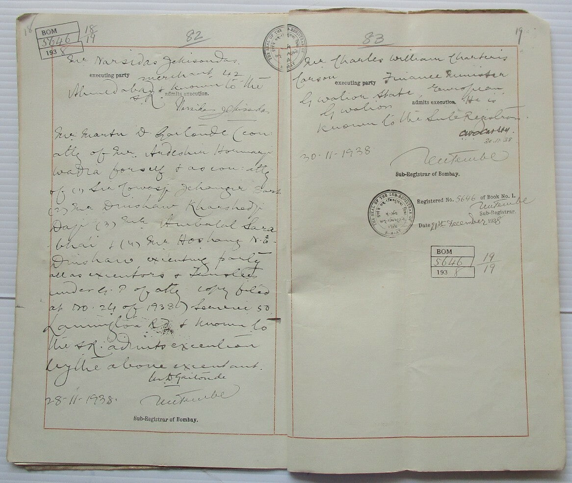 India 1938 doc signed Ambalal Sarabai freedom fighter Cowasjee Jehangir Baronet