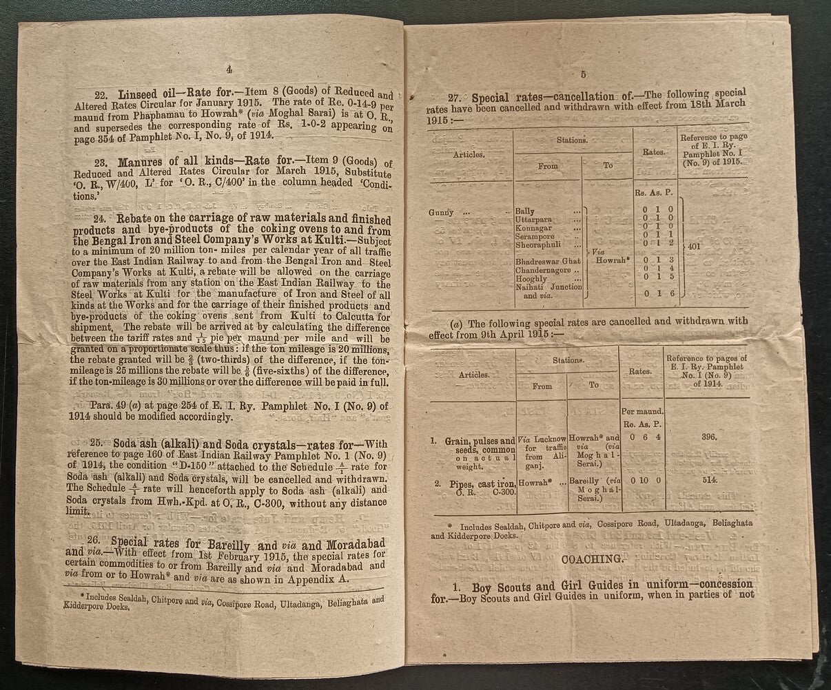 India EAST INDIAN RAILWAY 1915 new Terms & Freight rates booklet