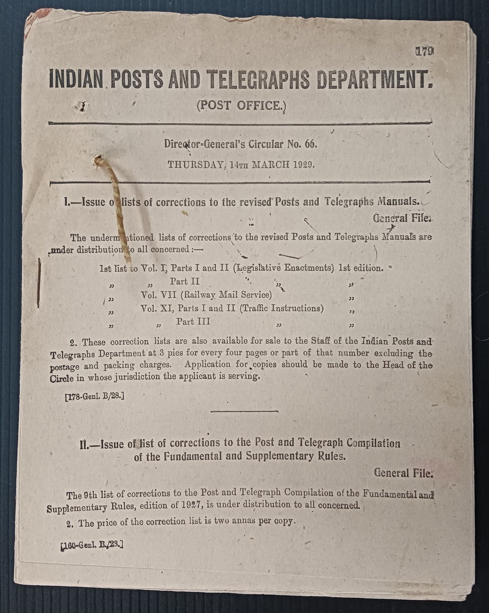 India 1929 DG'S POSTAL CIRCULAR Ban on book The Future of India by Minney, etc.