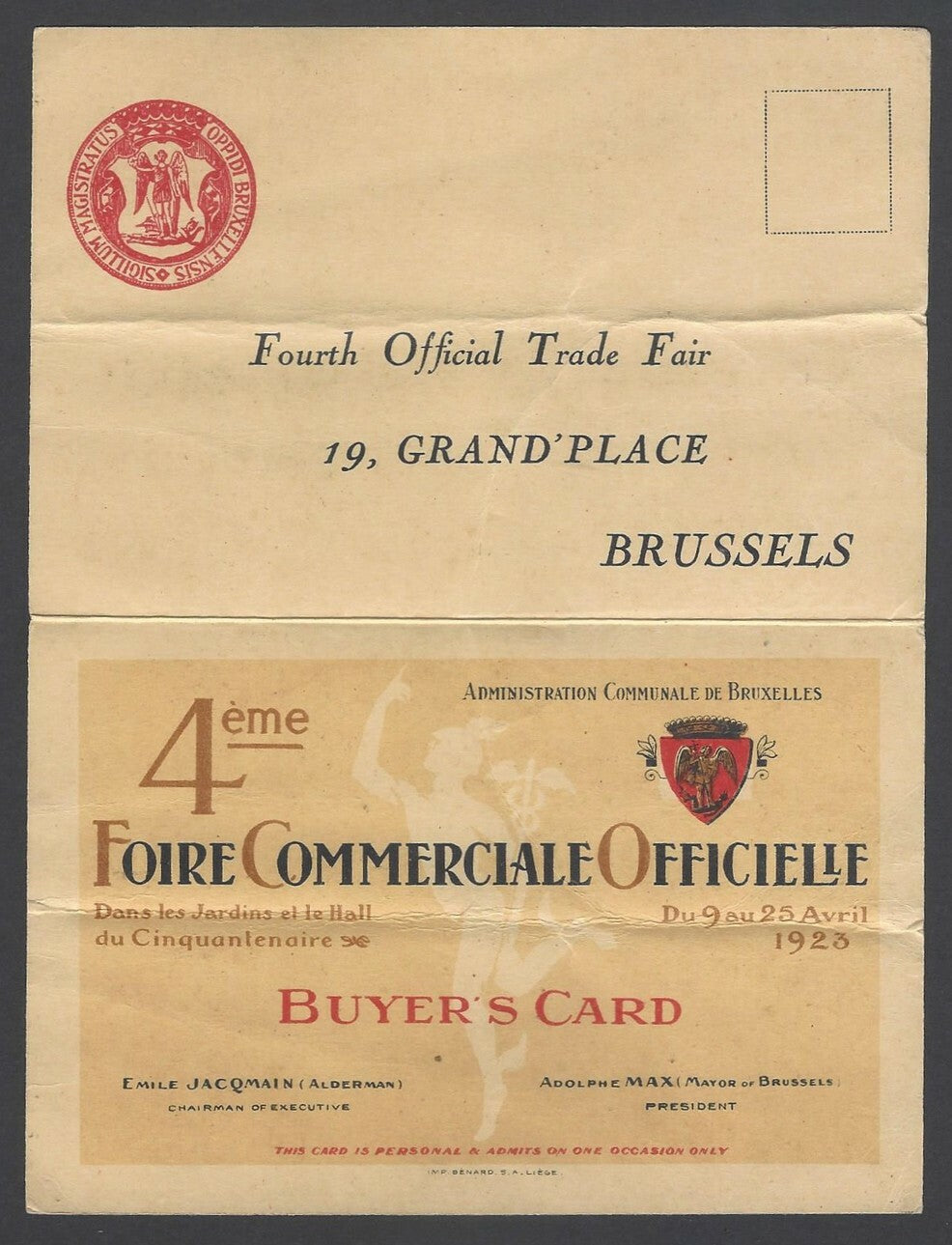 AOPIMT Belgium 4th Annual Official Trade Fair postcard used 1922 to India 