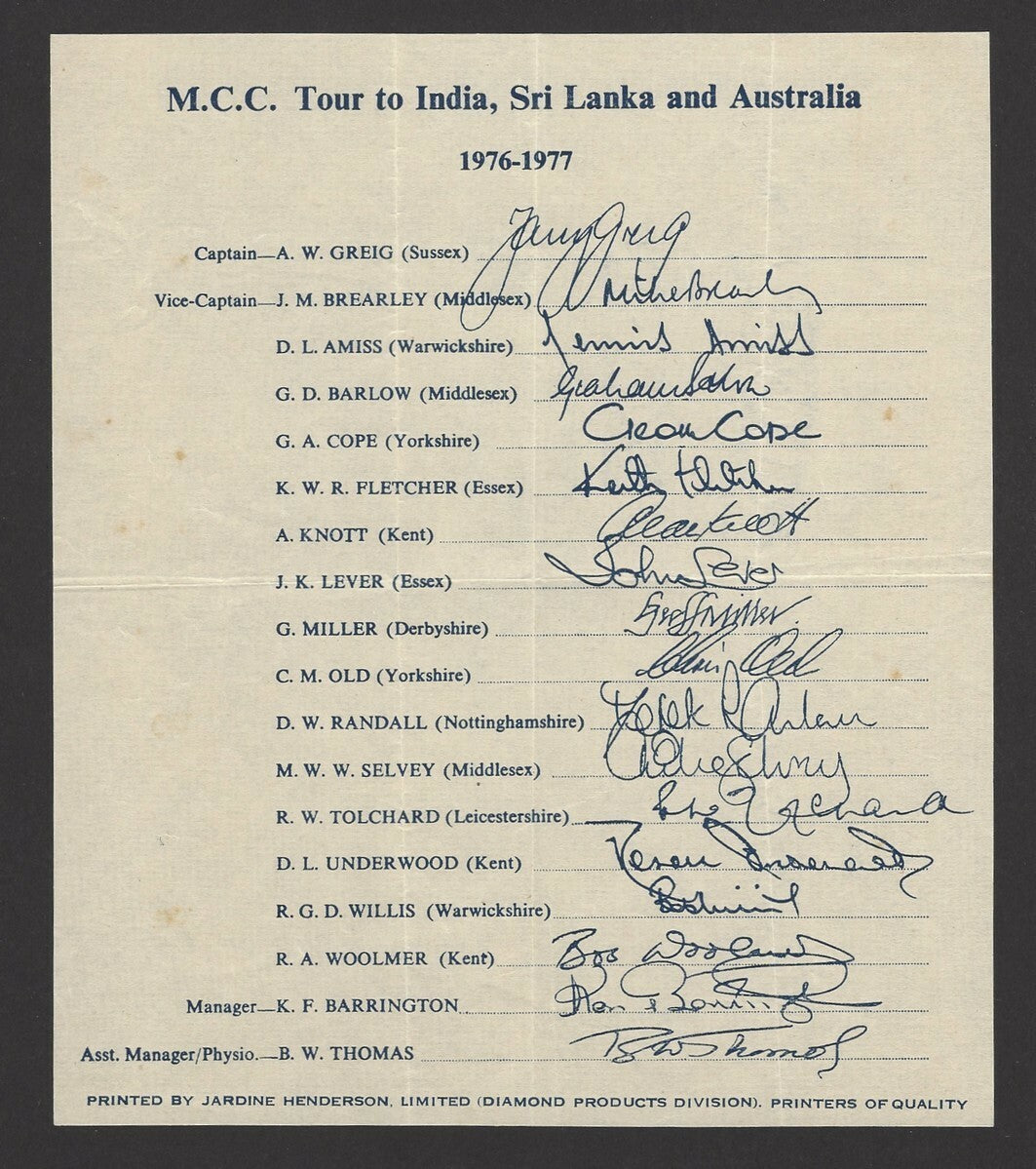 MCC Cricket Tour of India Australia 1976-7 printed team signatures sheet