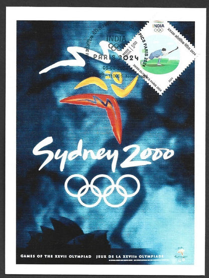 India 2024 Paris Olympics maxi card with 2000 Sydney, Australia Olympics cachet