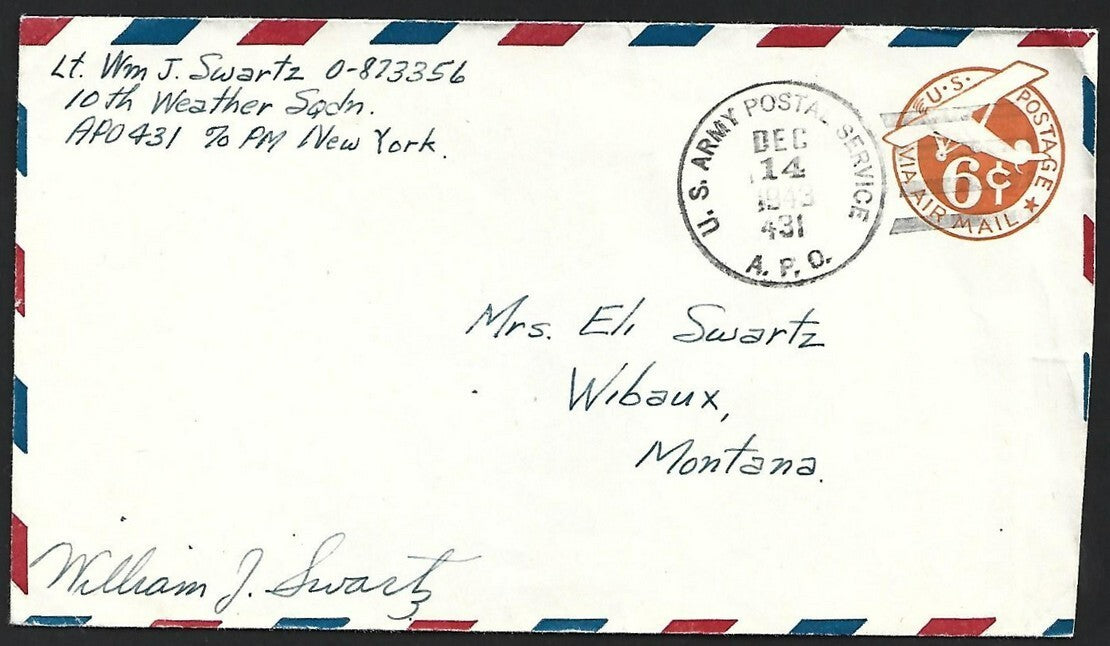 (AOP) US WW2 APO 431 Weather Squadron, LALMANIRHAT, INDIA 1943 cover