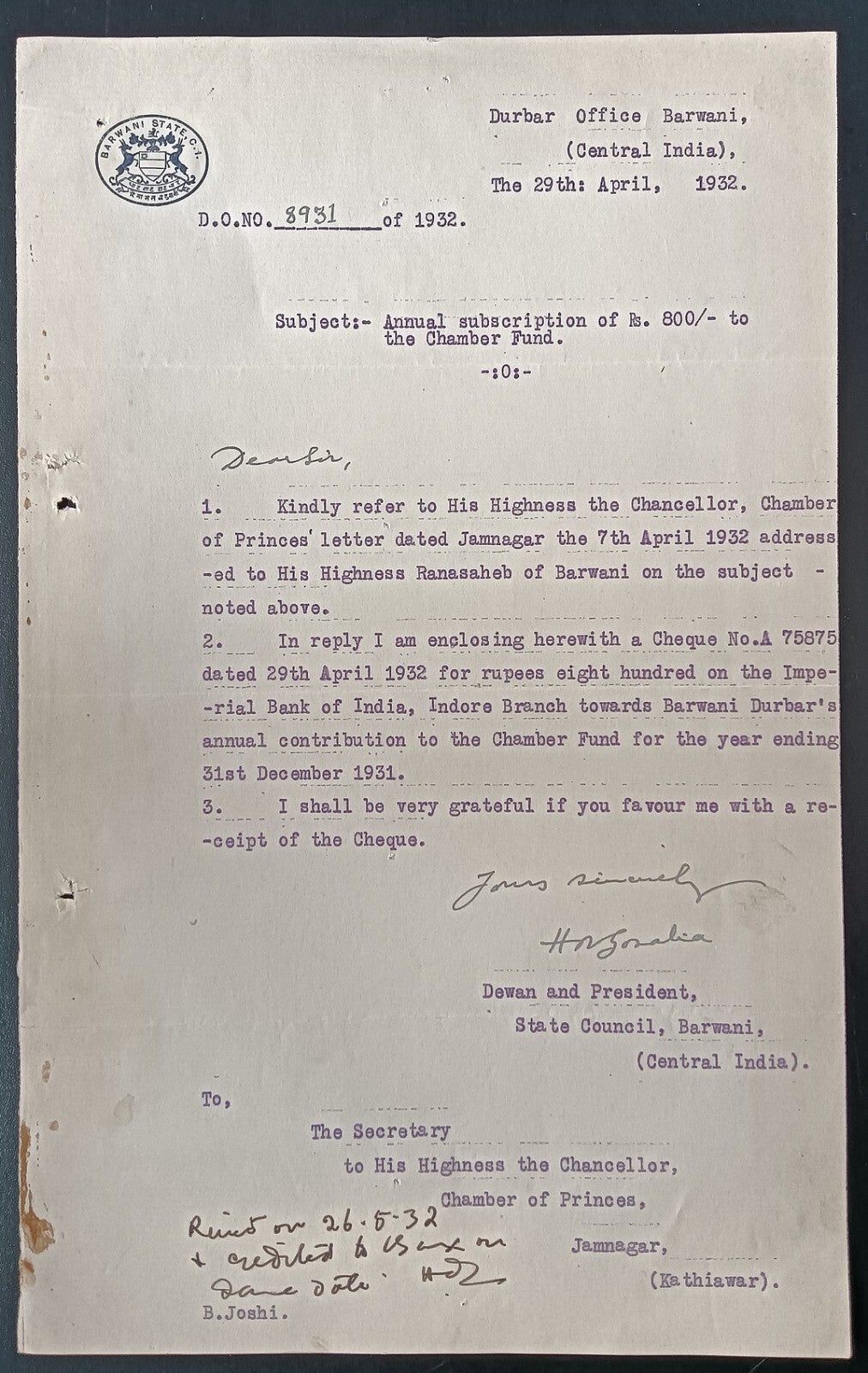 India 1932 crested letter BARWANI STATE signed Dewan