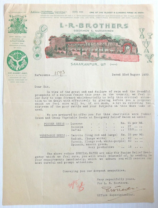 India 1939 illustrated letterhead SEEDSMEN & NURSERYMEN Saharanpur