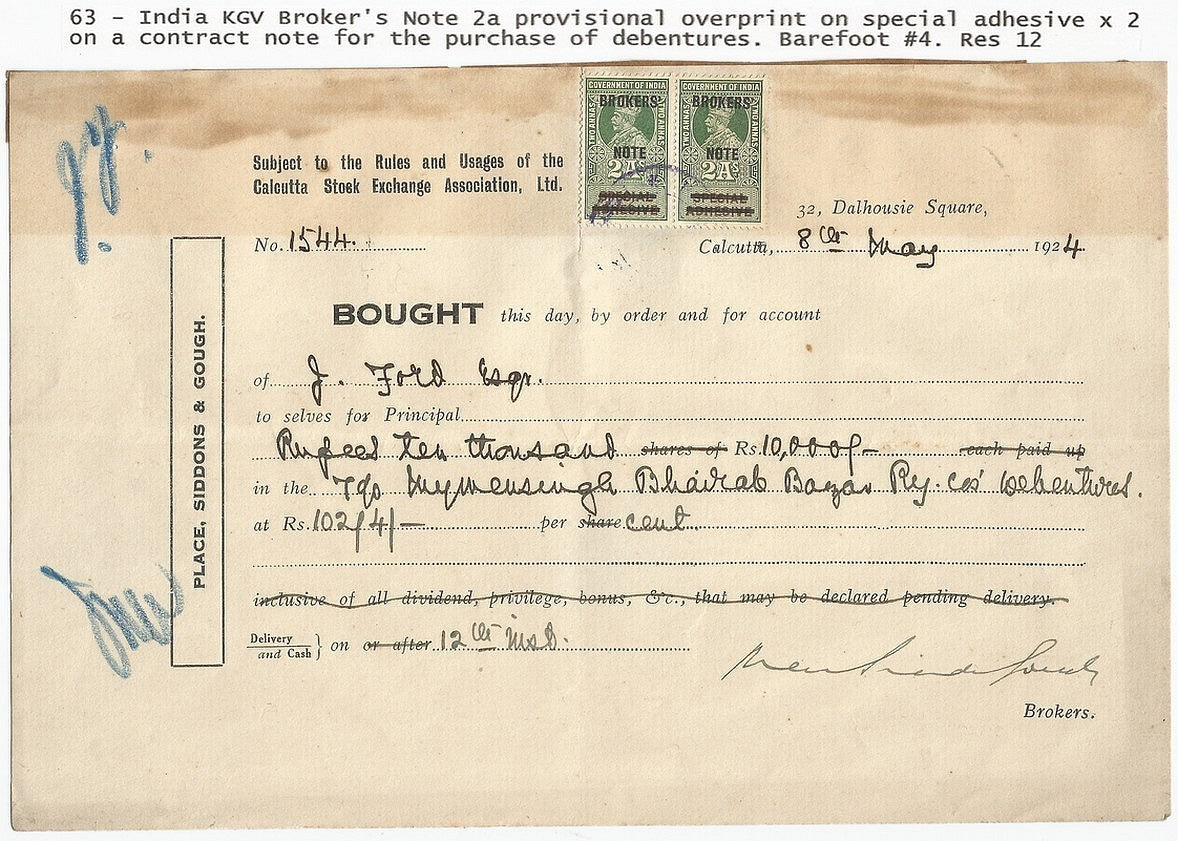 India KGV Broker’s Note provisionals on 1924 debenture contract