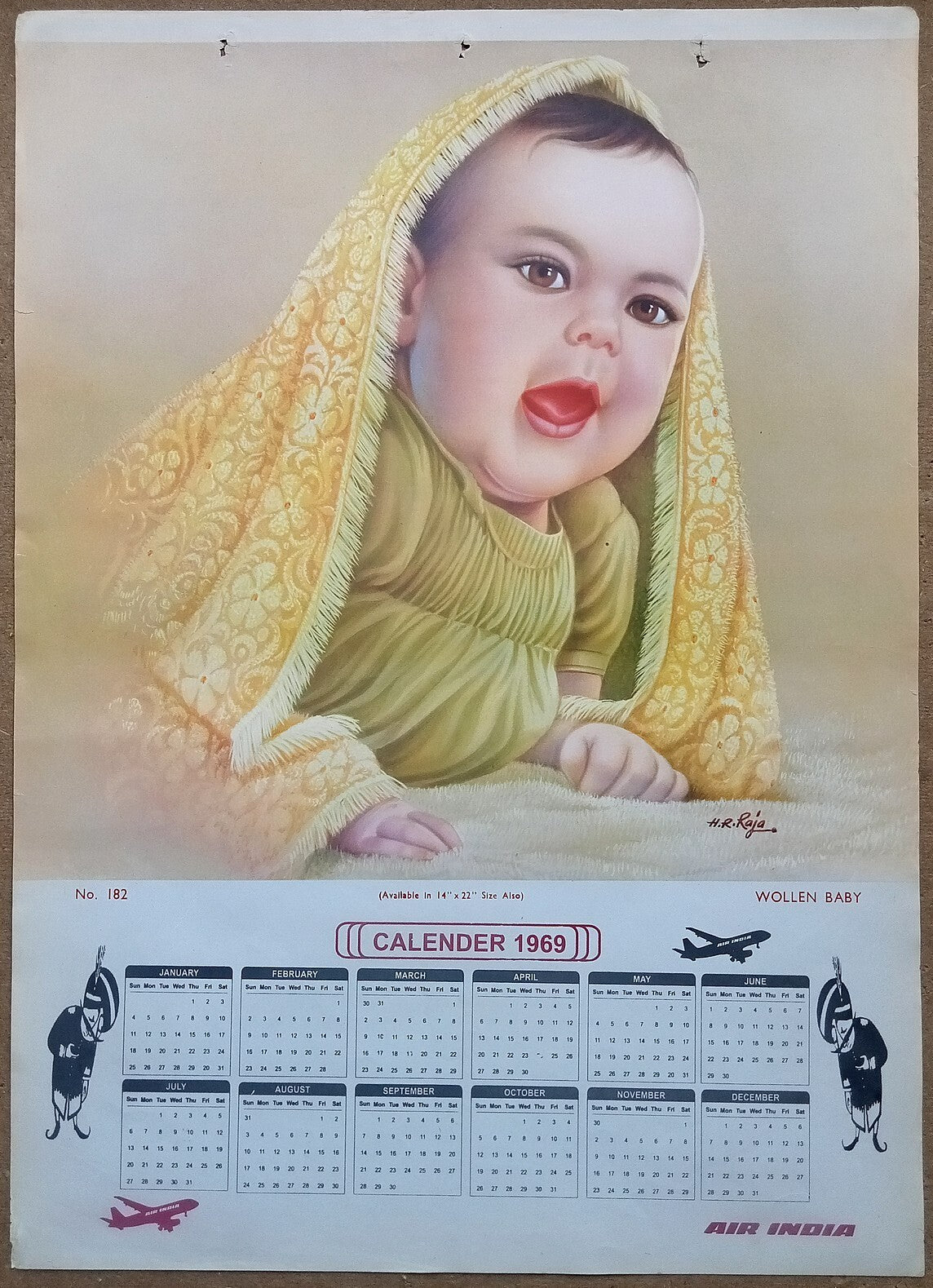 AIR INDIA 1969 poster calender 182 - WOOLLEN BABY - ARTIST : H. R. RAJA - R