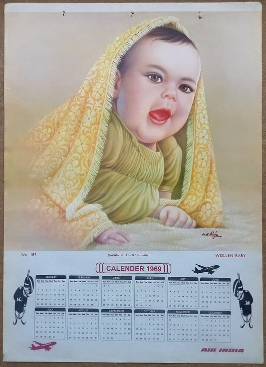 AIR INDIA 1969 poster calender 182 - WOOLLEN BABY - ARTIST : H. R. RAJA - R