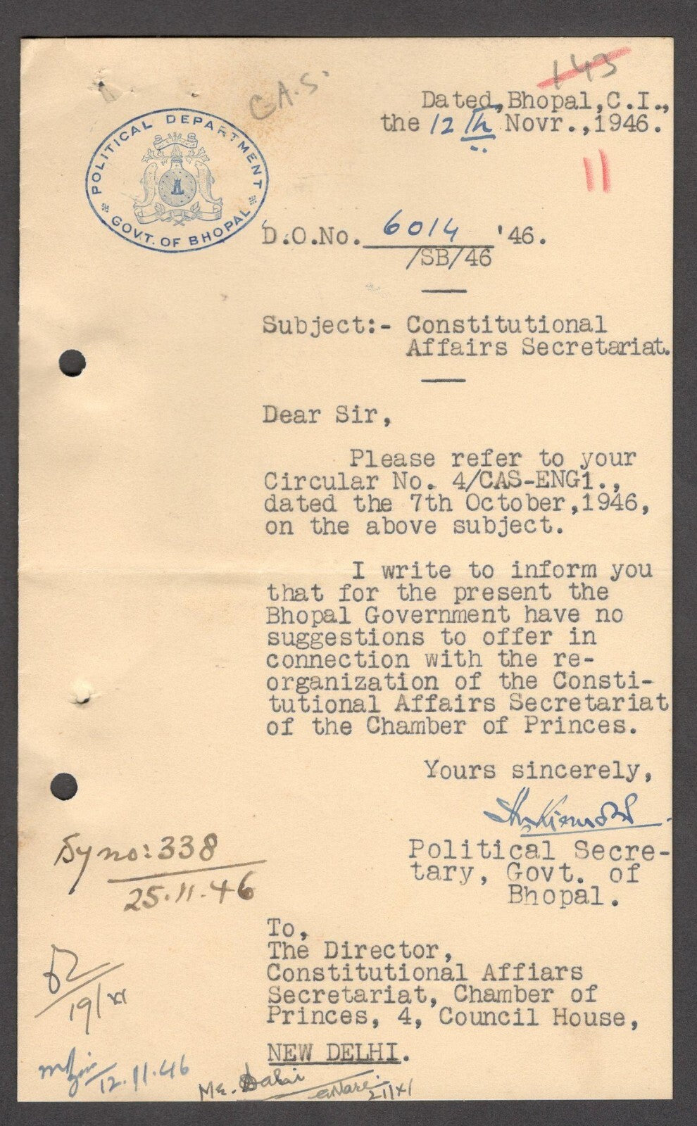 India 1946 crested letter POLITICAL DEPARTMENT * GOVT. OF BHOPAL signed