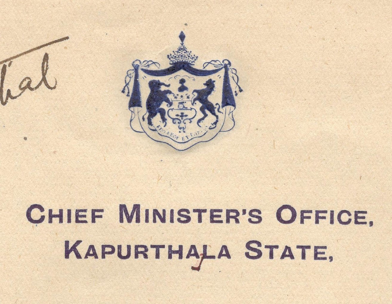 India 1945 crested letter CHIEF MINISTER KAPURTHALA STATE signed
