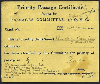 India 1919 PRIORITY PASSAGE CERTIFICATE