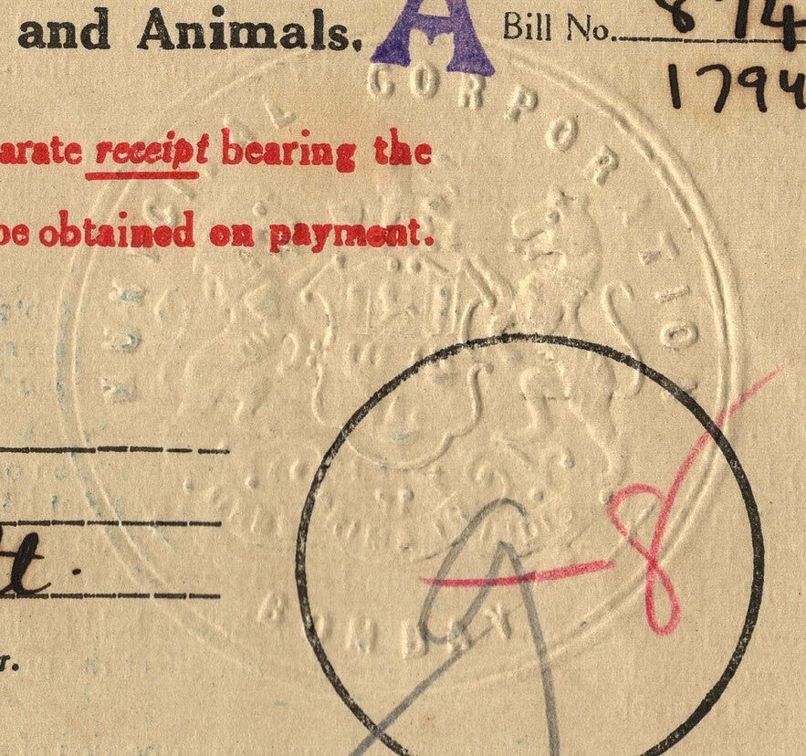 AOP India 1950 2nd Q Bombay Municipal Corp BILL FOR TAX ON VEHICLES AND ANIMALS