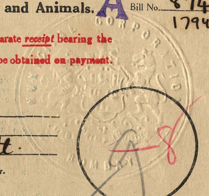 AOP India 1950 2nd Q Bombay Municipal Corp BILL FOR TAX ON VEHICLES AND ANIMALS