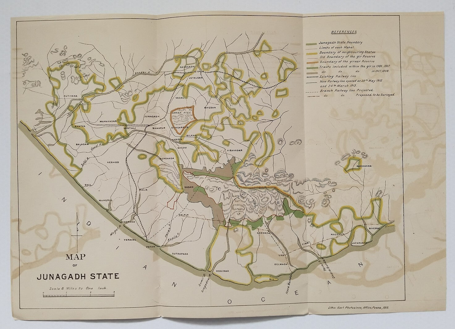 AOP India 1913 MAP of Junagadh State 33x48cm
